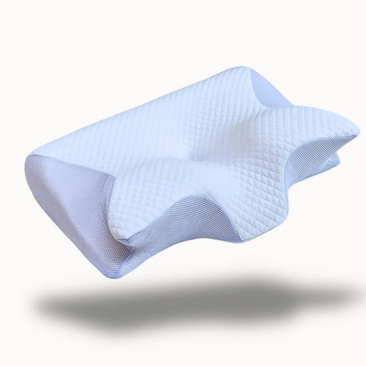 Seitenansicht des ergonomischen Nackenkissens, das Nacken und Schultern stützt und erholsamen Schlaf ermöglicht.
