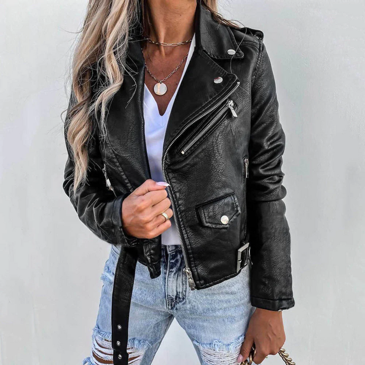 Modische schwarze Damen Übergangsjacke im Bikerstil mit Reißverschluss, perfekt für den Frühling.