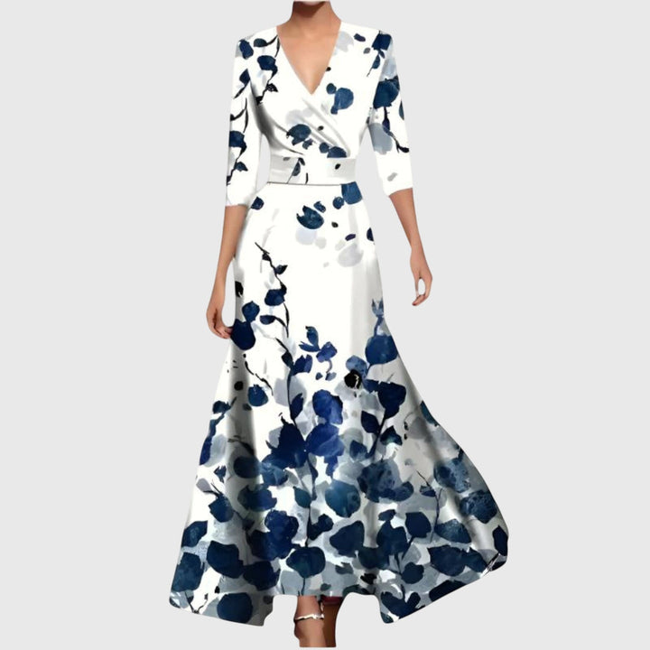 Leichtes Damen Wickelkleid in Maxi-Länge mit V-Ausschnitt und Blumenmuster. Bequemes Sommerkleid.