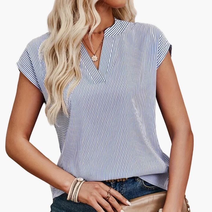 Elegante/legere Damenbluse, gestreift, V-Ausschnitt, Kurzarm, für Büro & Freizeitoutfits.