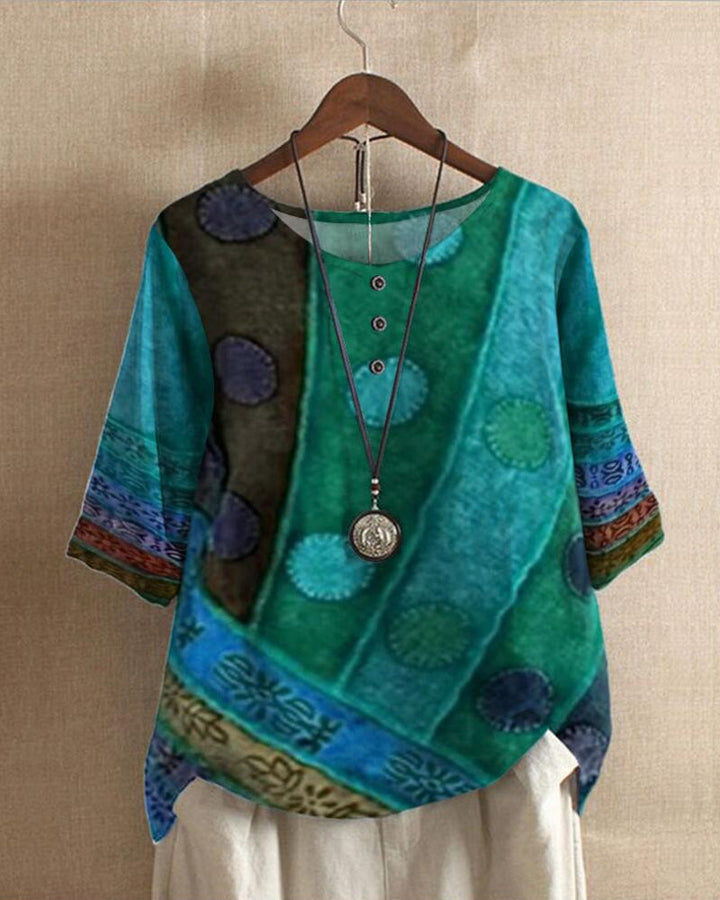 Gretta Damen Boho-Top mit lockerem Langarm-Schnitt und charmantem Vintage-Muster. Bequemes & stilvolles Oberteil.