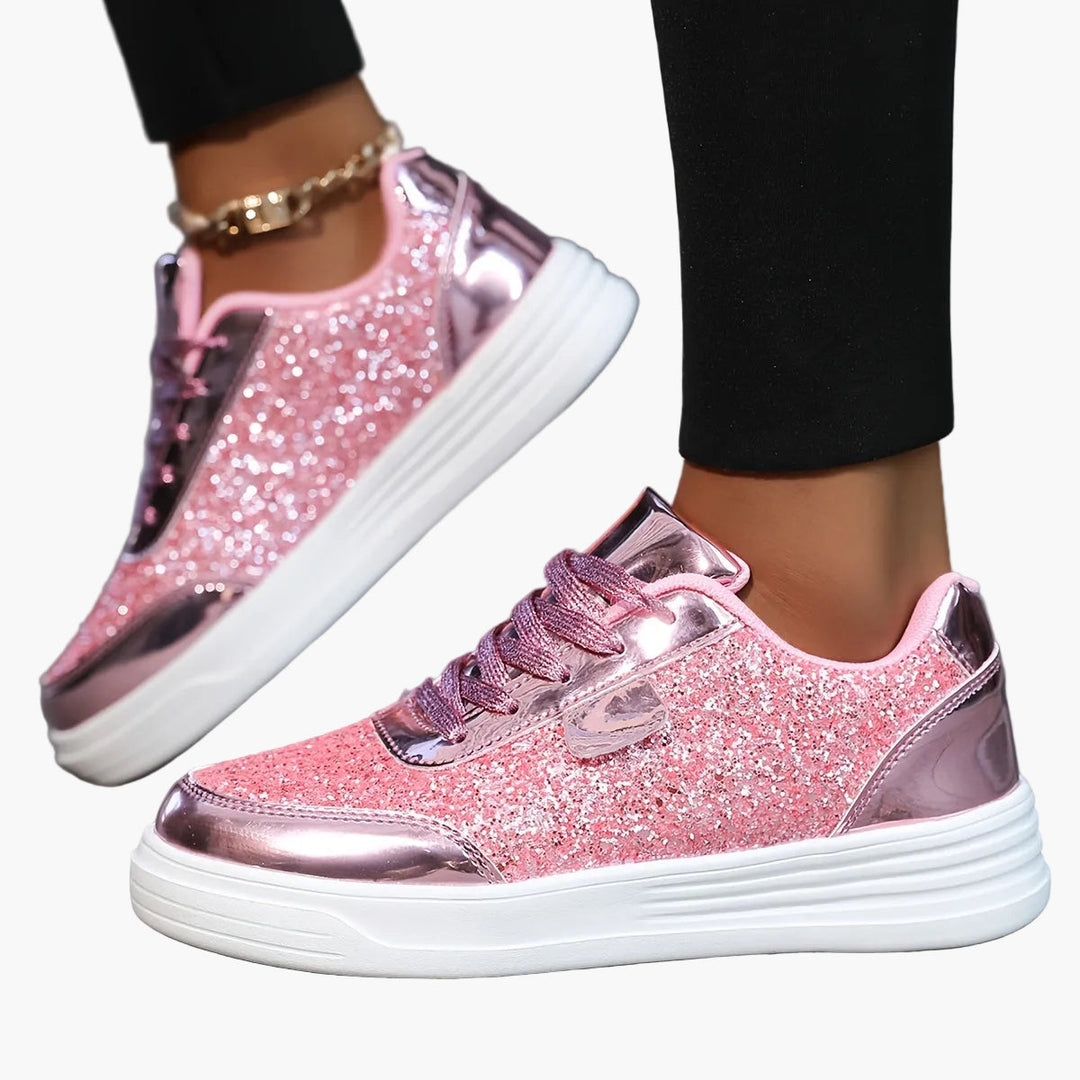 Funkelnde Damen Glitzer Sneaker auf Plateau, stylisch & bequem für jede Party. Modische Freizeitschuhe.