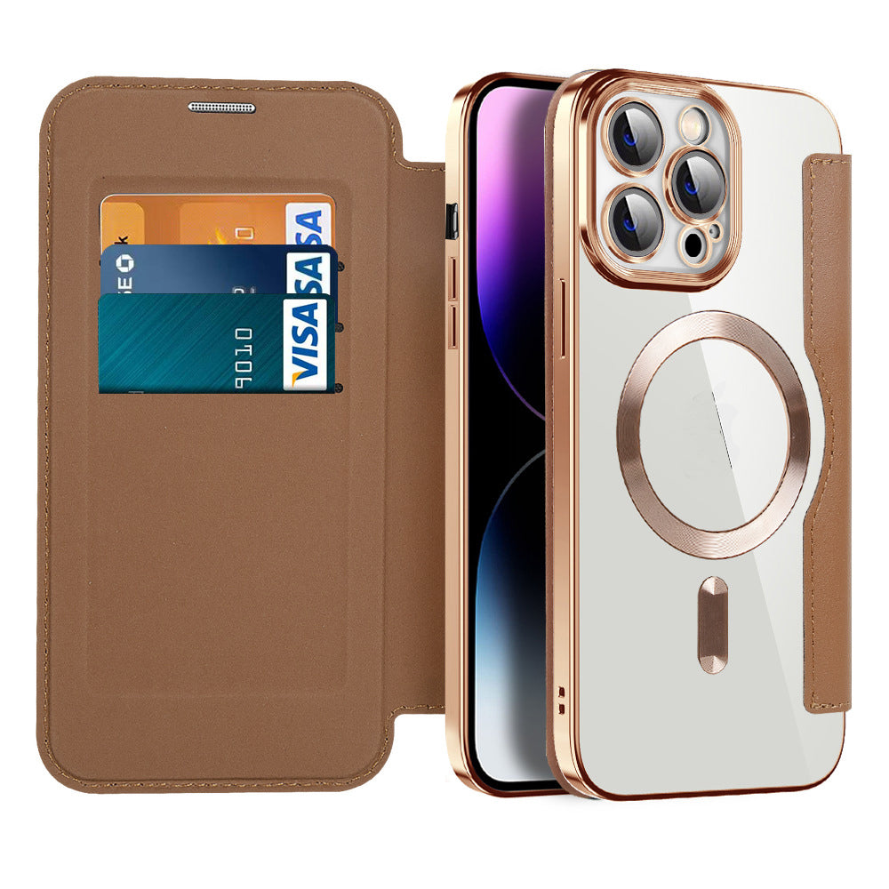 Stilvolles schwarzes Echtleder Flip Case für iPhone 15 mit RFID-Blocker und Magnet, idealer Handyschutz.