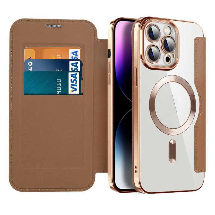 Stilvolles schwarzes Echtleder Flip Case für iPhone 15 mit RFID-Blocker und Magnet, idealer Handyschutz.