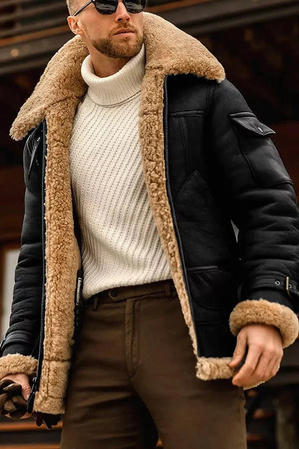 Moderne Herren Winterjacke im Pilotenstil. Warme Oberbekleidung aus Shearling für kalte Tage, vintage-inspiriert.