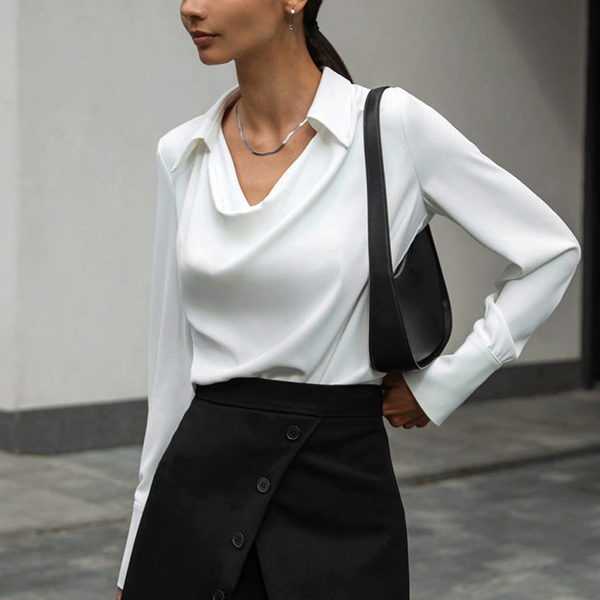 Modisches Damen Langarmshirt mit stilvollem Wasserfallkragen für den Herbst, perfekt für Business & Freizeit.