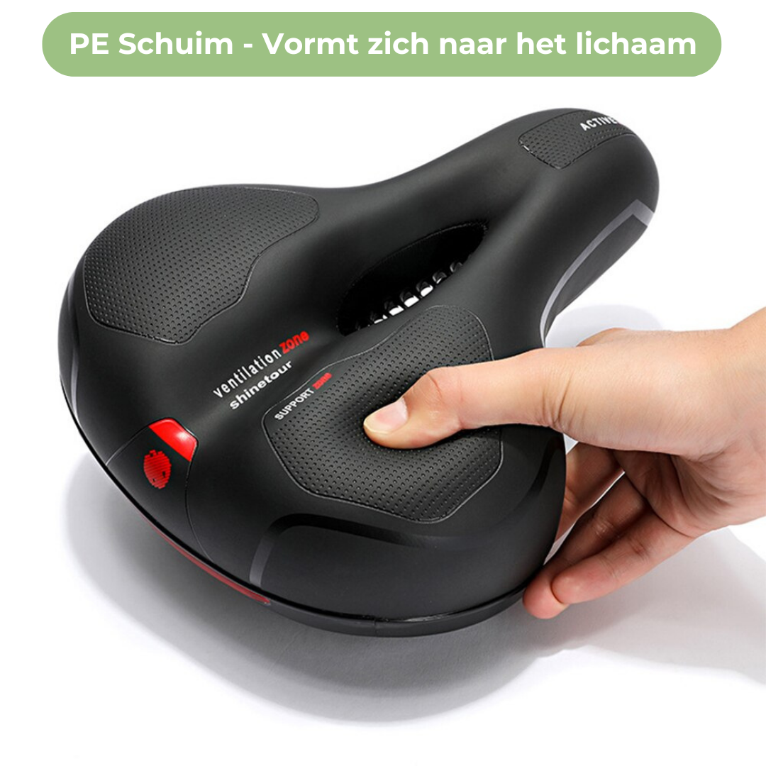 Schwarzer wasserabweisender Fahrradsattel mit Federung, ergonomisch für maximalen Komfort bei langen Radtouren.