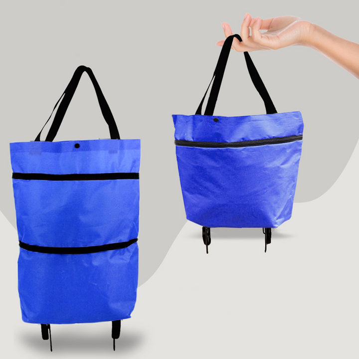 Person nutzt grünen CarryFlex Einkaufstrolley mit Rollen für den Supermarkt. Faltbare, praktische Einkaufstasche.