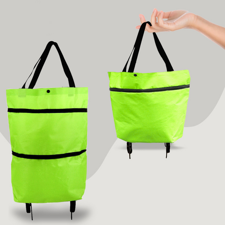 CarryFlex 2-in-1 Einkaufstrolley, grün, mit Rollen und Griff. Praktische, faltbare Einkaufstasche.