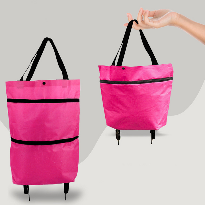 Detail: Robuste Rollen und ausziehbarer Griff des CarryFlex Einkaufstrolleys. Praktische 2-in-1 Einkaufstasche.