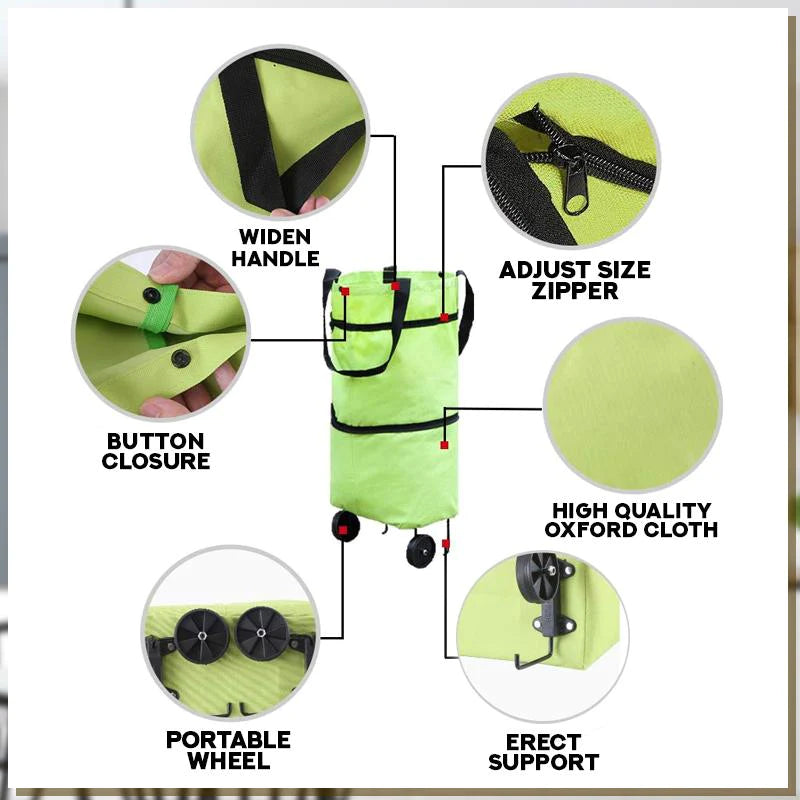 CarryFlex 2-in-1 Tasche, Umwandlung zum Einkaufstrolley mit Rollen. Faltbare, wiederverwendbare Einkaufshilfe.