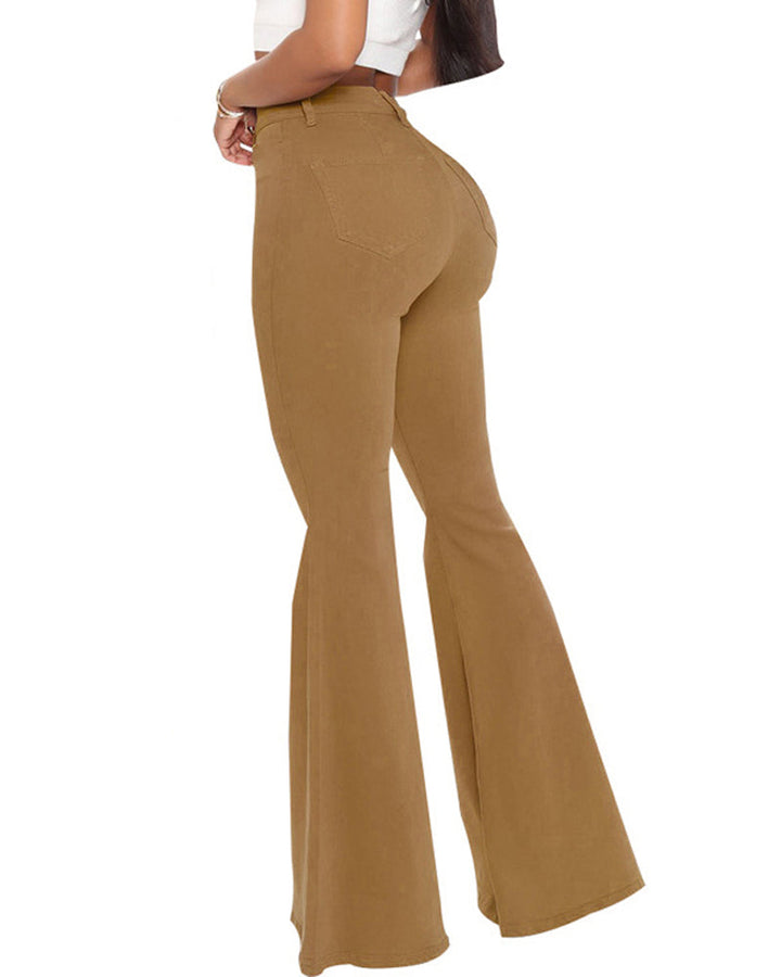 Ganzkörperansicht der Damen Flare Jeans, High Waist, Stretch, mehrfarbiges Design, weites Bein.