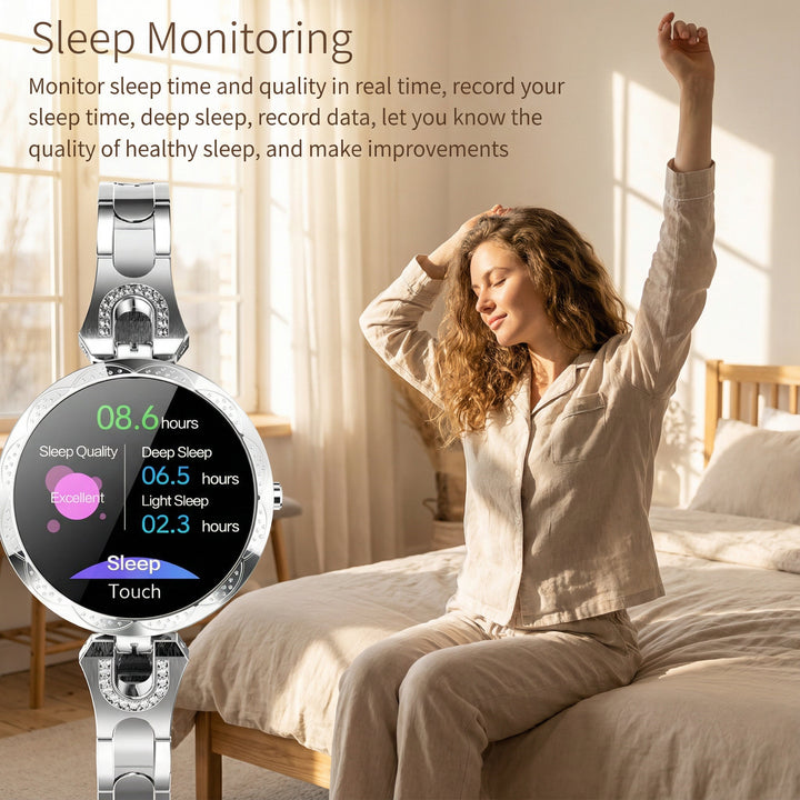 Hochauflösender Touchscreen einer Damen Smartwatch, zeigt Fitnessdaten und Benachrichtigungen.