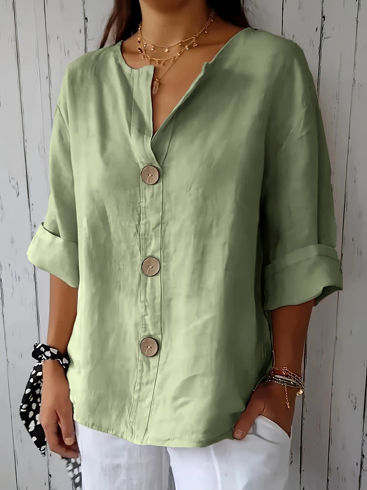Frühlings-Sommer Damen Bluse mit 3/4-Ärmeln, Knopfleiste und V-Ausschnitt, modisch & leicht.