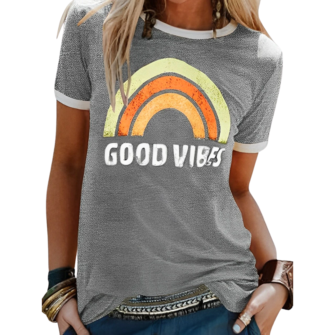 Trendiges Damen Regular Fit T-Shirt mit lebhaftem Regenbogenmuster, Rundhals und kurzen Ärmeln, Damenmode.