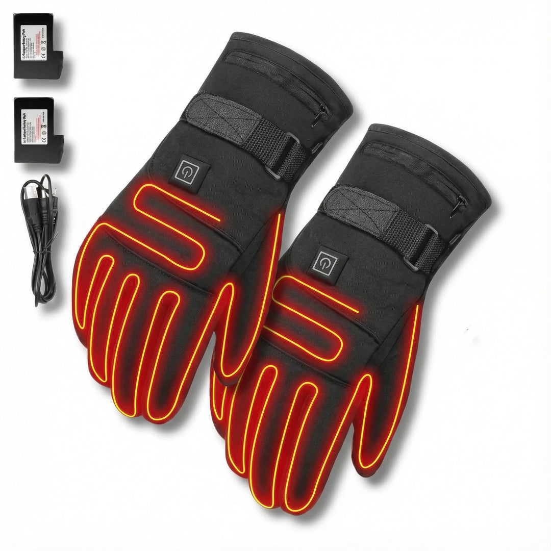 Detailansicht der beheizbaren Handschuhe mit Touchscreen-Spitzen. Ideale Winter-Accessoires für Smartphone-Nutzung.