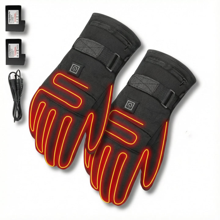 Detailansicht der beheizbaren Handschuhe mit Touchscreen-Spitzen. Ideale Winter-Accessoires für Smartphone-Nutzung.