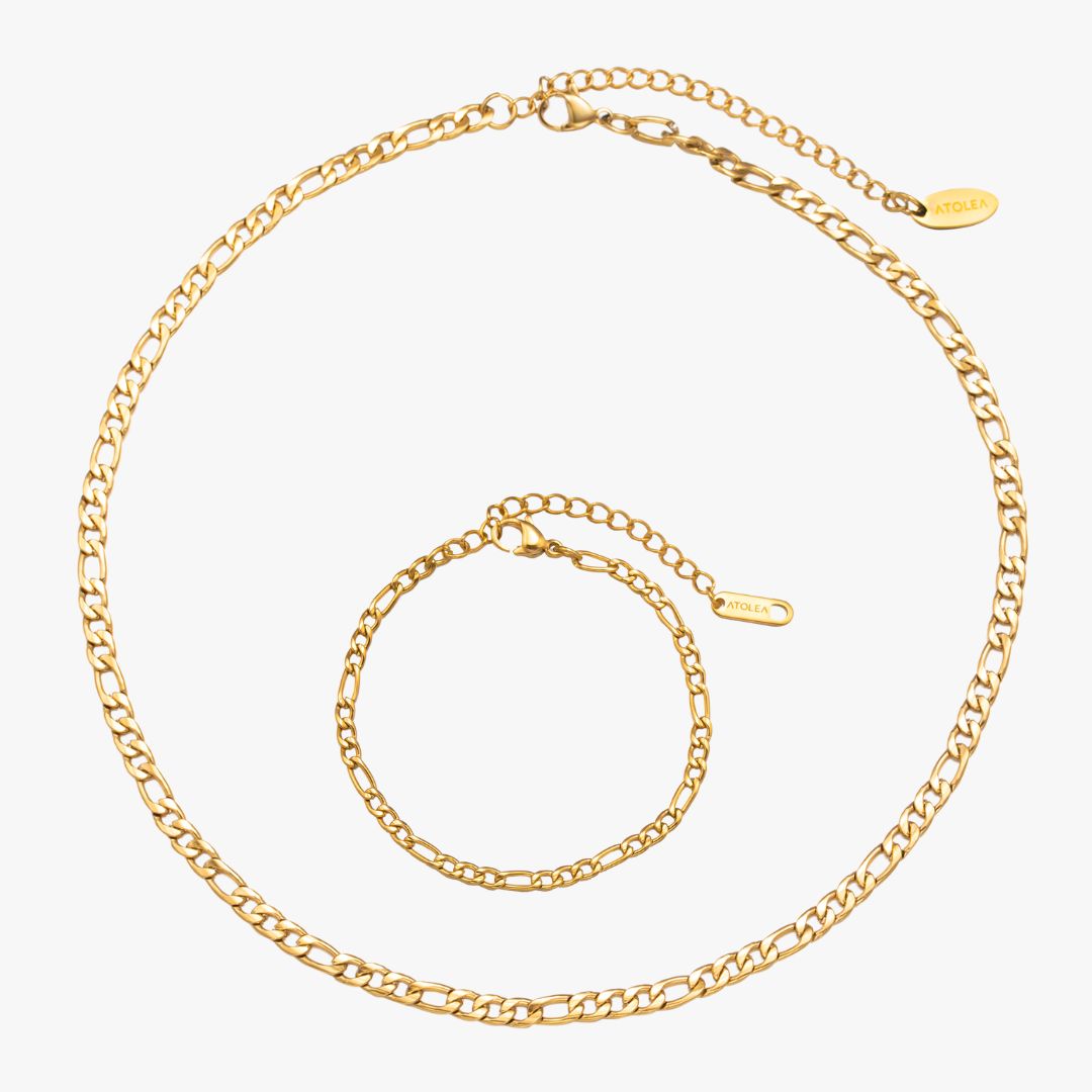 Elegantes Damen Figaro Schmuckset aus wasserfestem, hypoallergenem, vergoldetem Edelstahl: Goldkette & passendes Armband.