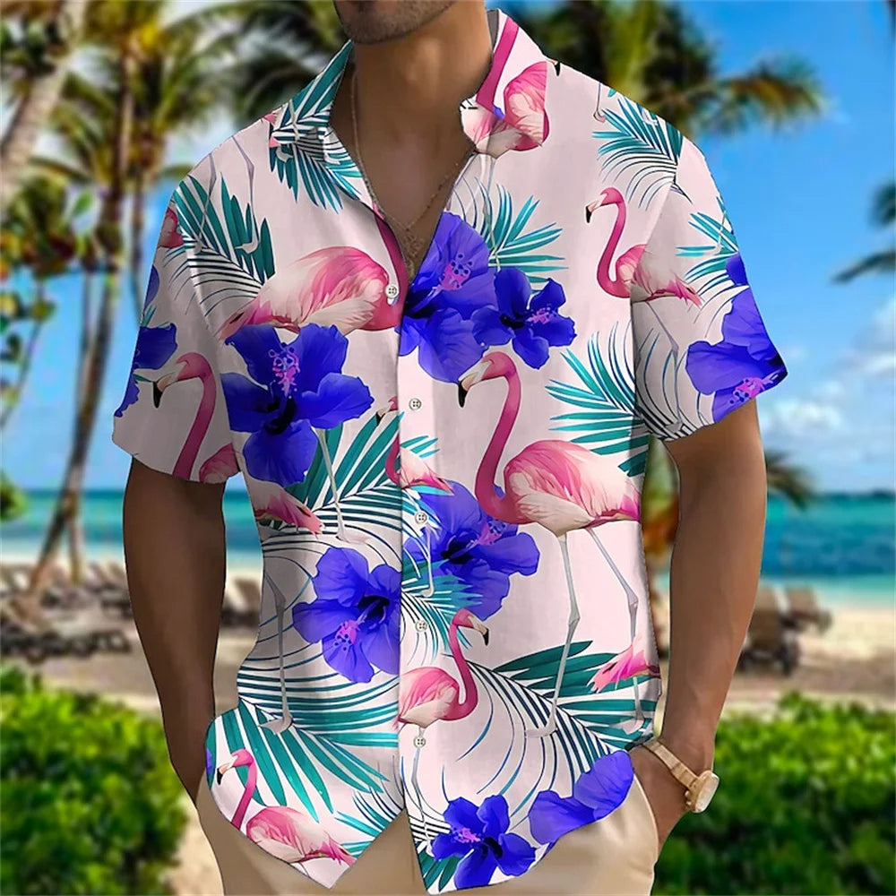 Bequemes Herren Kurzarmhemd in Übergröße, tropisches Kranichmotiv, ideal für Strand & Urlaub.