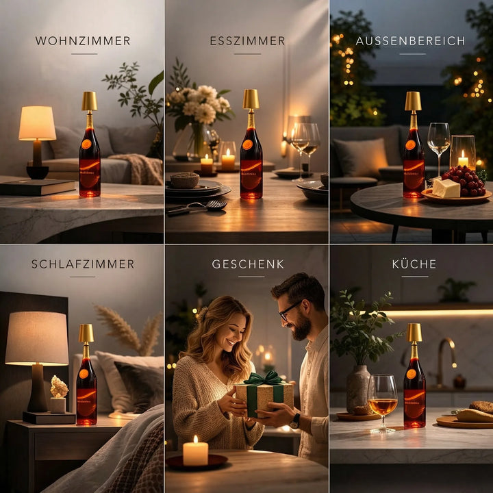 LED Tischlampe mit Akku als Flaschenaufsatz, ideal für Outdoor & Indoor Ambiente.