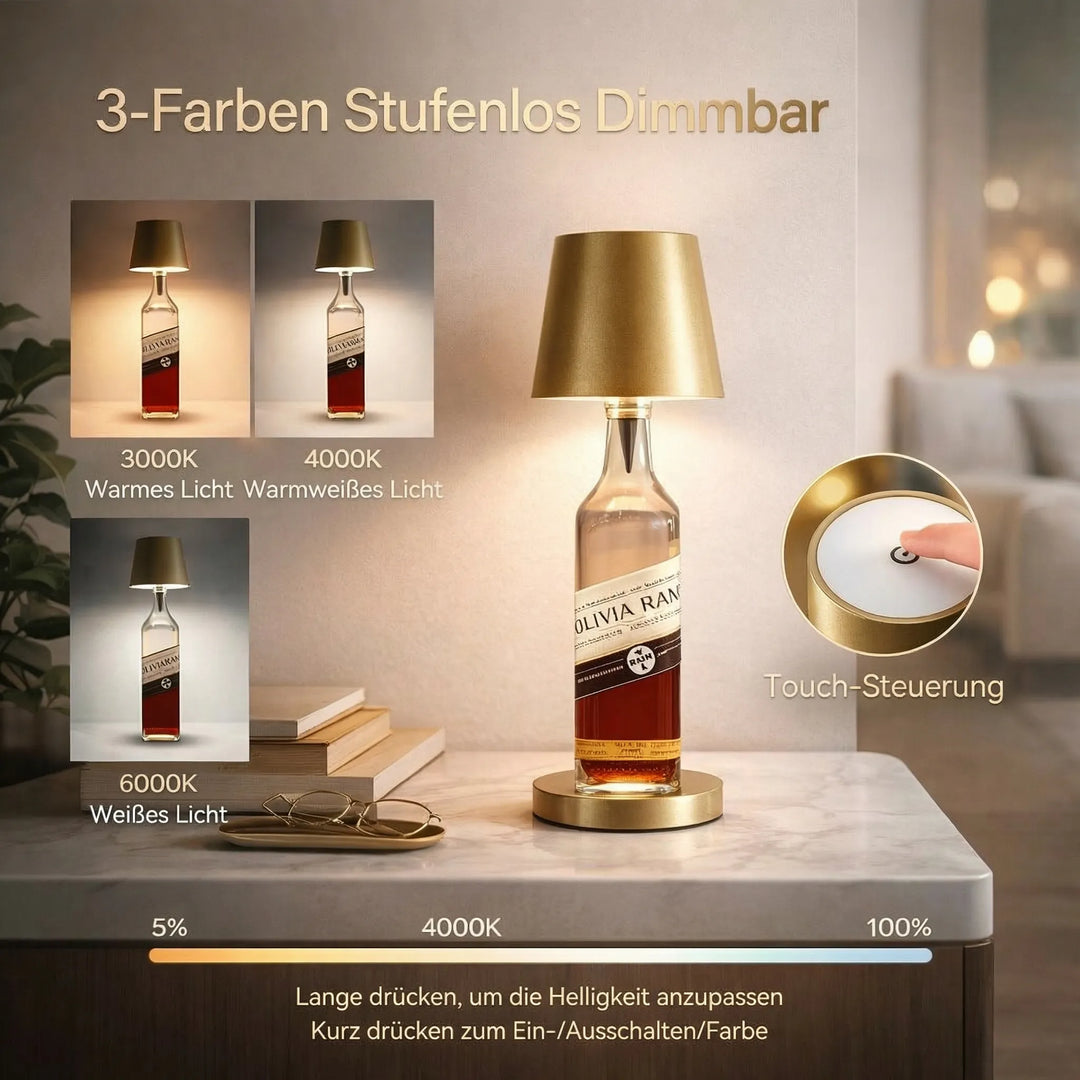 Wiederaufladbare LED Tischleuchte als Flaschenlicht, kabellos für flexible Dekoration.