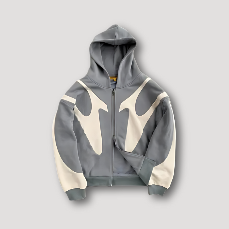 Männlicher Streetwear Hoodie mit Reißverschluss und auffälligem Flammen-Design. Modisches Oberteil für den urbanen Look.