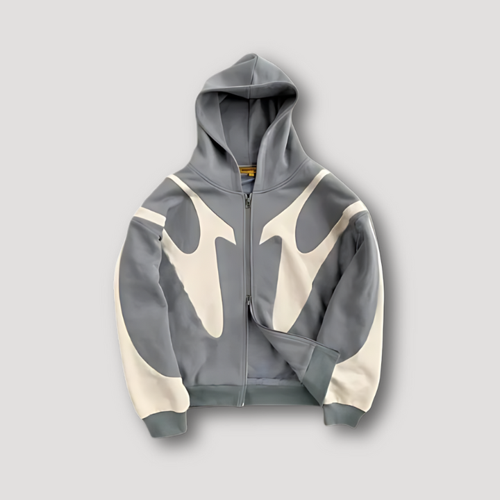 Männlicher Streetwear Hoodie mit Reißverschluss und auffälligem Flammen-Design. Modisches Oberteil für den urbanen Look.