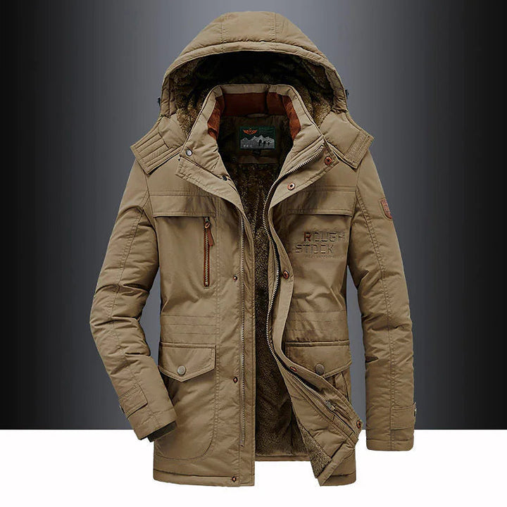 Detailansicht Herren-Parka Leventis mit Kapuze, Reißverschluss & warmem Fleece-Futter. Perfekte Winterjacke für Männer.
