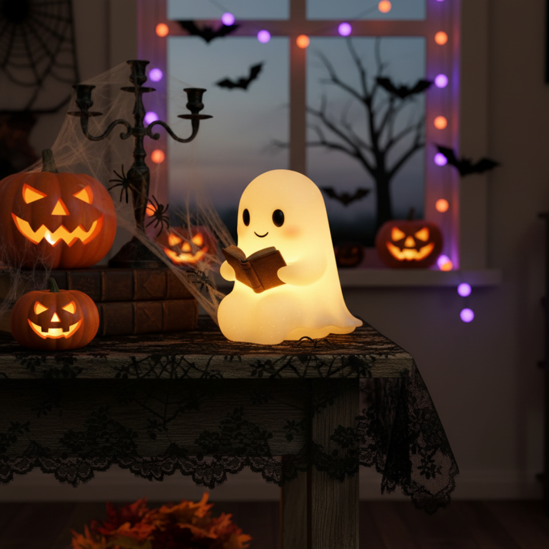 Gemütliche Geister-Nachtlampe, die ein warmes Licht abgibt. Beliebte Geschenkidee für Halloween-Fans und mehr.