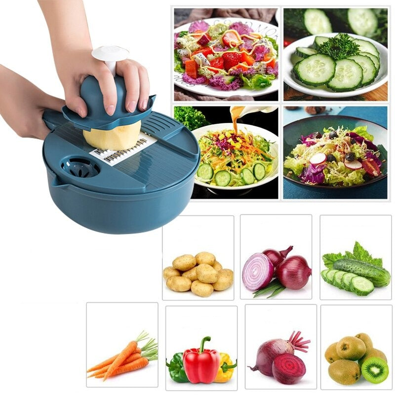 12-in-1 Multifunktionales Schneide-Set aus Edelstahl für Gemüse; praktischer Küchenhelfer & Zerkleinerer.