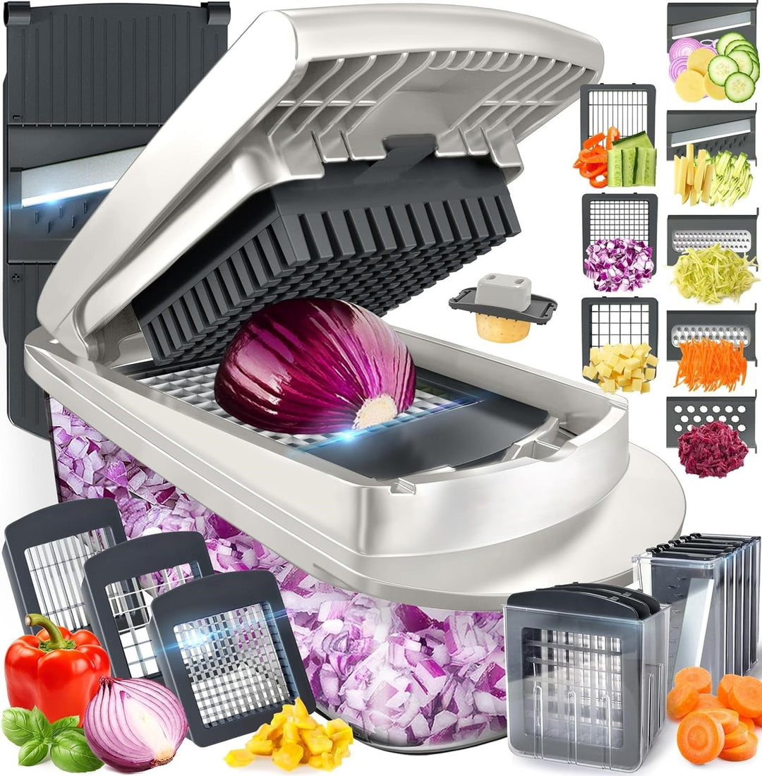 Grauer 10-in-1 Gemüseschneider mit 8 Klingen, grünem Deckel zum schnellen Schneiden & Reiben in der Küche.
