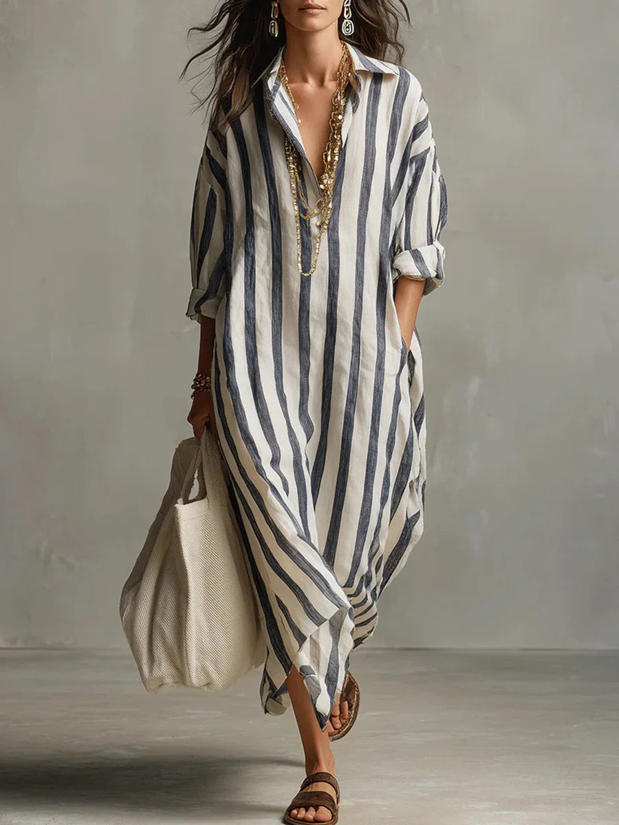 Gestreiftes Damen Maxi Hemdkleid für den Sommer, locker und fließend.