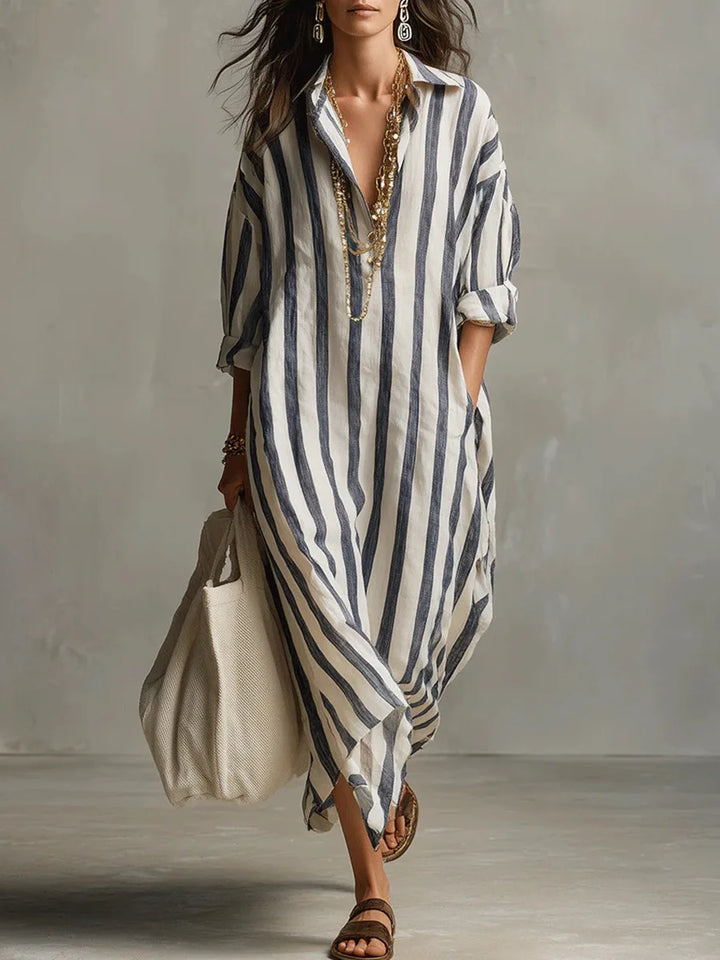 Gestreiftes Damen Maxi Hemdkleid für den Sommer, locker und fließend.