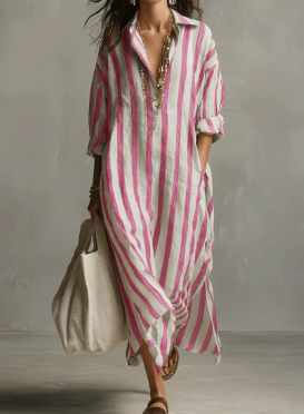 Casual gestreiftes Damen Maxi Hemdkleid mit klassischem Kragen und lockerer Passform.
