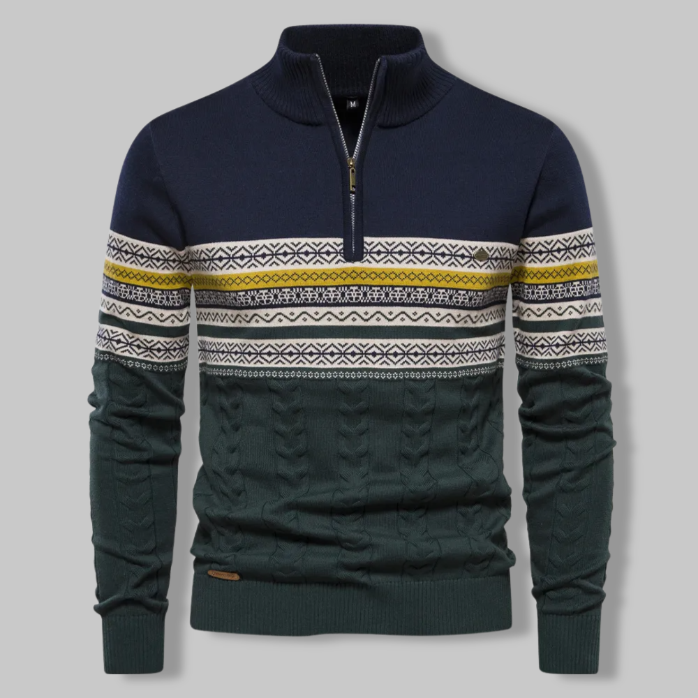 Mann präsentiert stilvollen, warmen gestreiften Herren Zip-Pullover, perfekt für Wintermode.