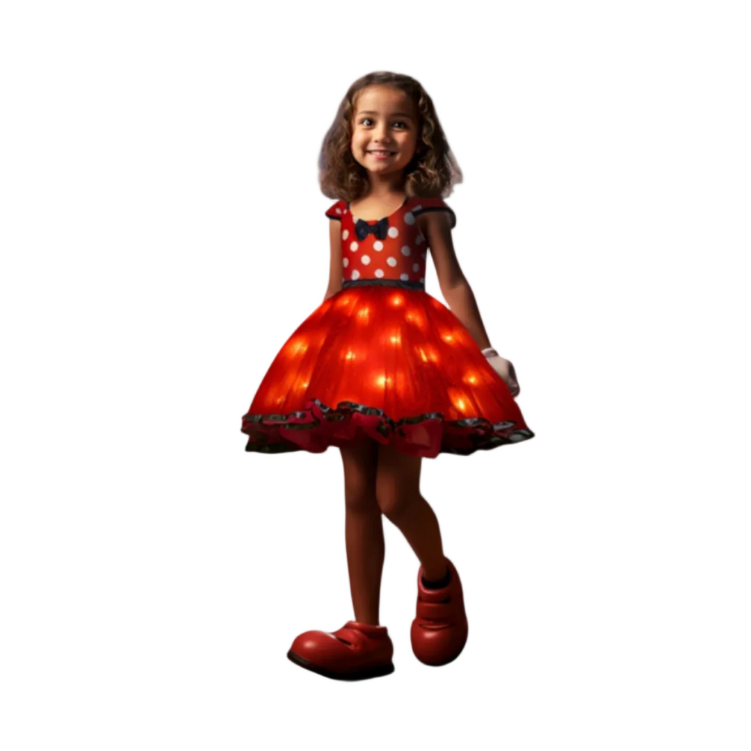 Entzückendes Mädchen Mauskostüm mit leuchtendem Rock und Punkte-Oberteil. Perfekt für Halloween & Verkleidungen.