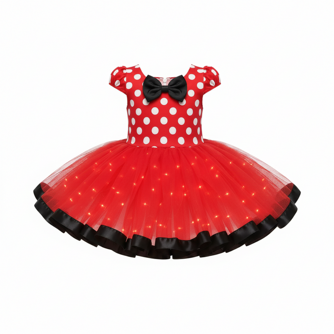 Mädchen Mauskostümkleid für Halloween: ärmelloses Oberteil mit Punkten, roter Rock, Schleife. Ideal für Mottopartys.