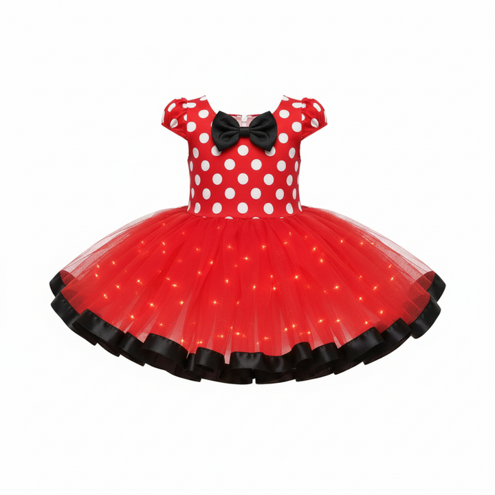 Mädchen Mauskostümkleid für Halloween: ärmelloses Oberteil mit Punkten, roter Rock, Schleife. Ideal für Mottopartys.