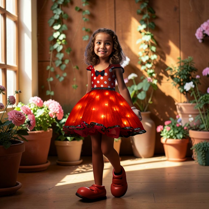 Festliches Mauskostümkleid für Mädchen: ärmelloses Punkte-Oberteil, leuchtender roter Rock & Schleife. Für Kinder-Halloween.