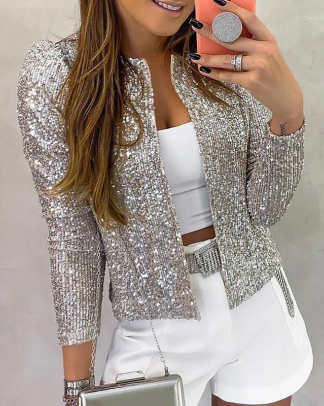 Elegante, offene Glitzer-Winterjacke für Damen. Stilvoller Blazer, ideal für glamouröse Party-Looks oder Abendmode.
