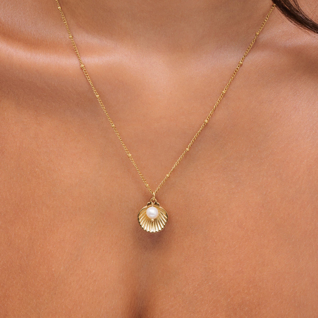 Maritime Damenhalskette in Gold mit Muschel und echtem Süßwasserperlen-Anhänger, PVD-beschichtet.