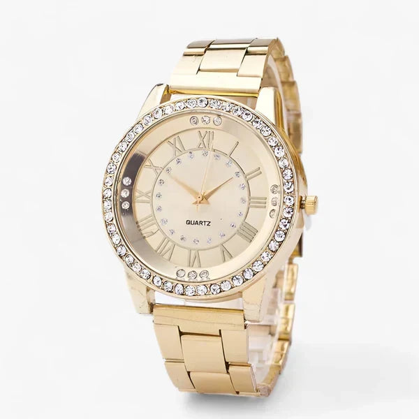 Elegante Damen Quarzuhr mit funkelndem Diamant-Zifferblatt und glänzendem Edelstahlarmband. Luxus-Damenuhr.