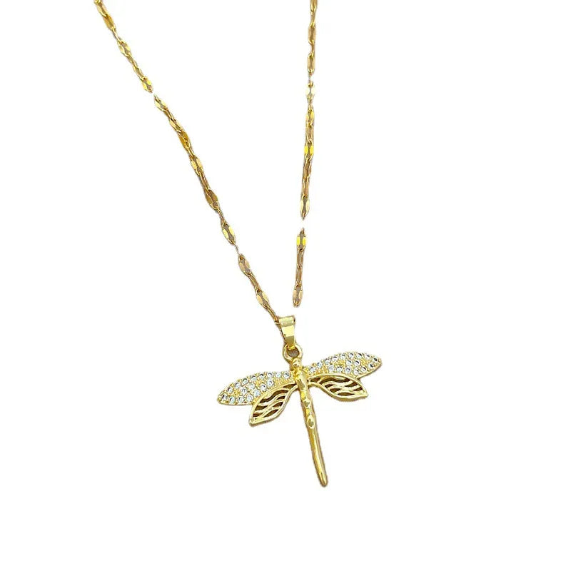 Funkelnde goldene Libellen-Halskette für Damen mit glitzernden Kristallen, perfekter eleganter Damenschmuck.