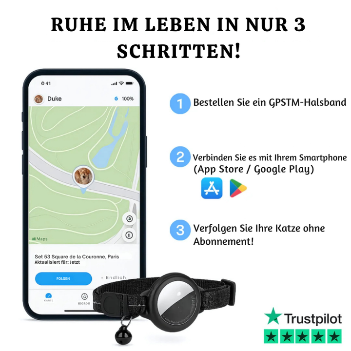 Ein Hund trägt ein schwarzes GPS Halsband, genießt Freiheit, während Besitzer per Echtzeit-Ortung beruhigt ist.