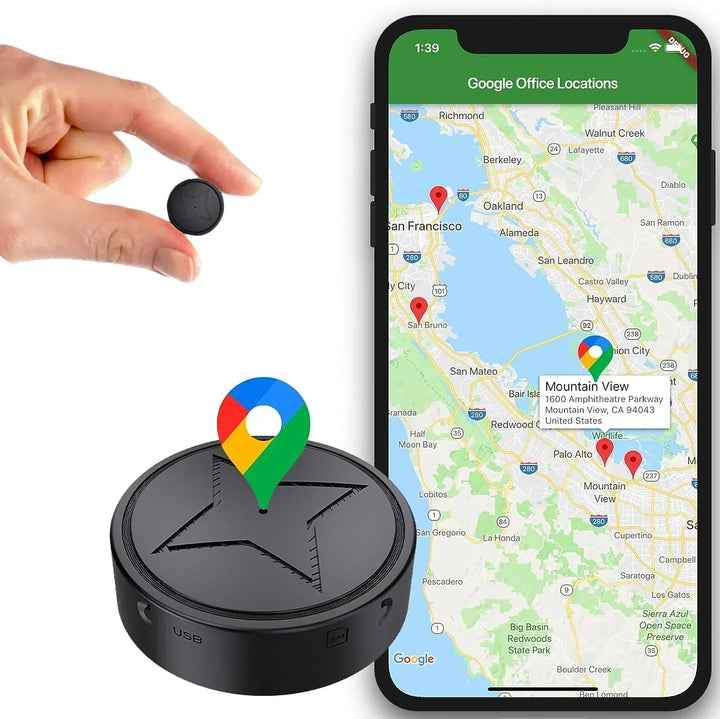 Kompakter Mayer GPS Tracker mit Magnetbefestigung für Echtzeit-Ortung und Diebstahlschutz.