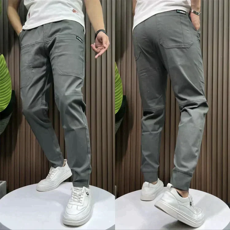 Graue Herren Stretch Cargo Hose, bequem und stilvoll. Ideal als Freizeithose oder Arbeitshose für maximalen Komfort.