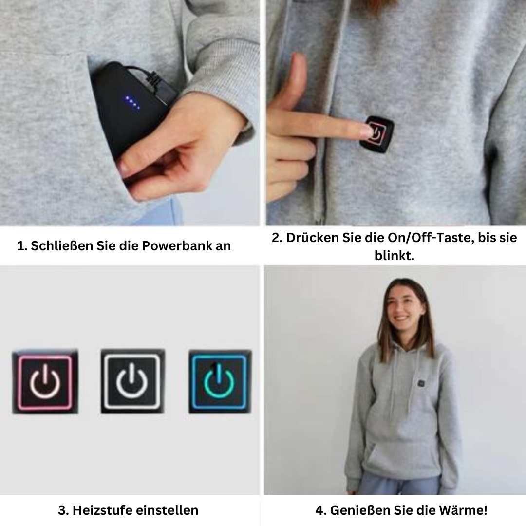 Stylischer beheizbarer Hoodie, unisex, mit integrierten Heizelementen für wohlige Wärme bei jedem Wetter.