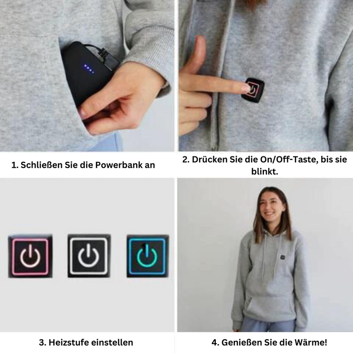 Stylischer beheizbarer Hoodie, unisex, mit integrierten Heizelementen für wohlige Wärme bei jedem Wetter.