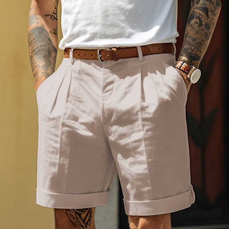 Nahaufnahme Milan Herren Shorts aus Leinen-Baumwolle, bequem & atmungsaktiv für heiße Tage.