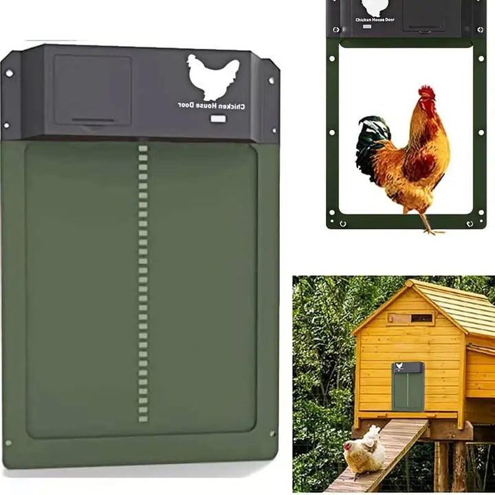 Robuste automatische Hühnerstalltür SafeCoop, leicht montierbar, für zuverlässigen Geflügelschutz & bequeme Tierhaltung.